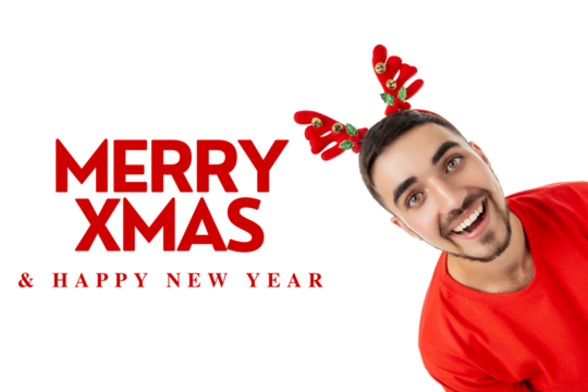 Cheerful man wearing reindeer antlers smiling, isolated, PNG
