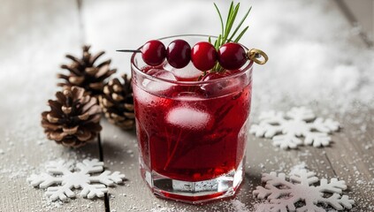 Close up of a festive red holiday cocktail with a cranberry garnish. A traditional Christmas winter drink on a rustic wooden background with snow and pinecones