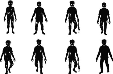 Zombie Silhouettes with Missing Limbs and Glowing Eyes, Tattered Clothing, Horror Theme, Halloween, Undead Characters, Stylized Poses, Creepy Design, Black Figures
