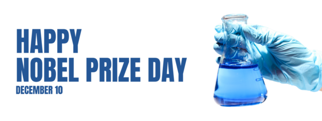 Gloved hand holds blue liquid flask, isolated, PNG