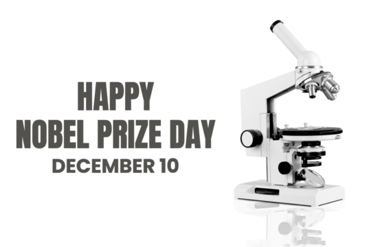 Microscope with Happy Nobel Prize Day text, isolated, PNG