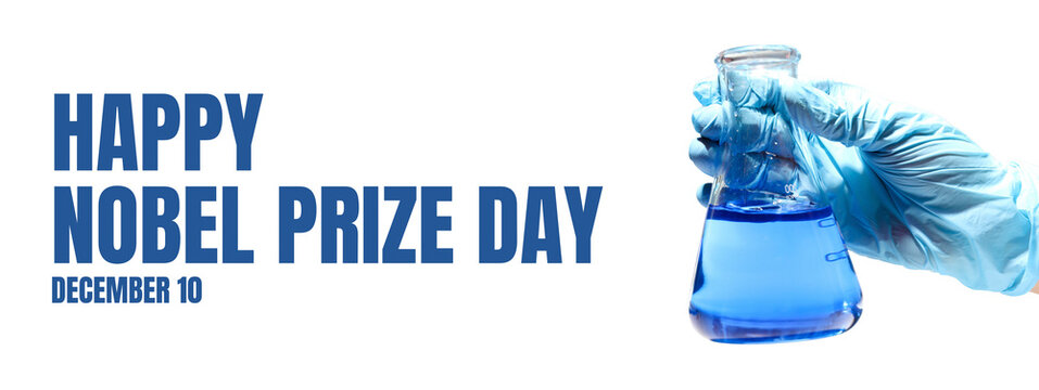 Gloved hand holds blue liquid flask, isolated, PNG