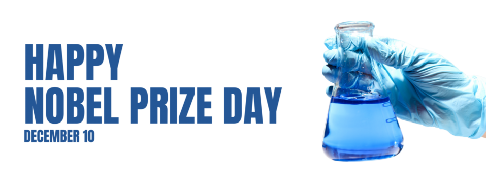 Gloved hand holds blue liquid flask, isolated, PNG