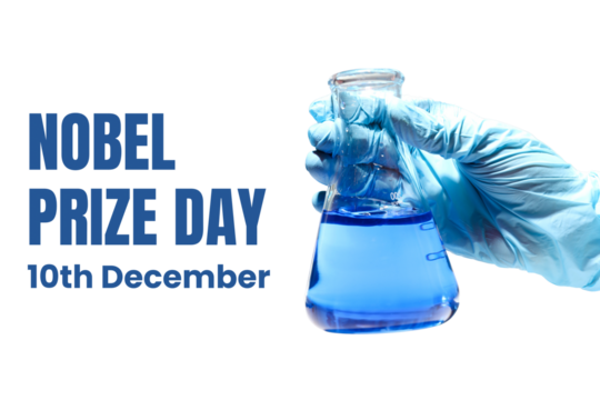 Blue liquid in a glass flask held by a gloved hand, isolated, PNG