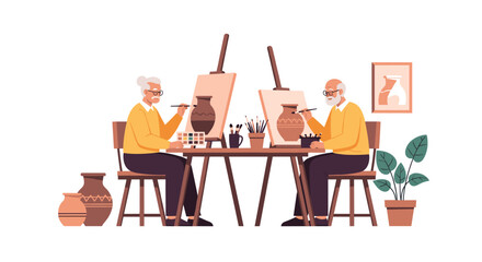 Joyful seniors embrace creativity painting pottery art class, fostering connection and serene hobby engagement