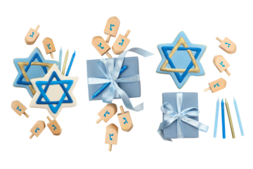 Set, Dreidels, star of David decorations, and gift boxes, PNG