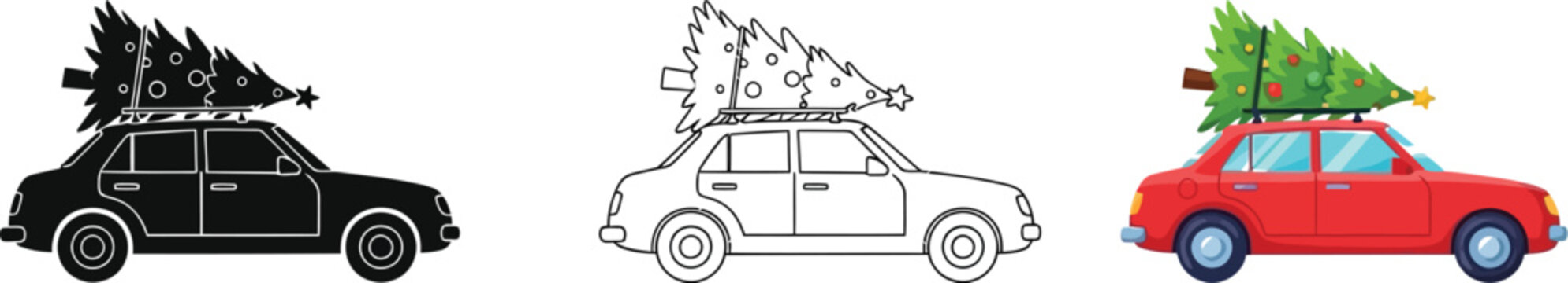 Three car illustrations with christmas tree top solid black, outline, and red car