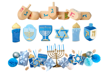 Set, Hanukkah symbols: dreidels, menorahs, and decor, isolated, PNG