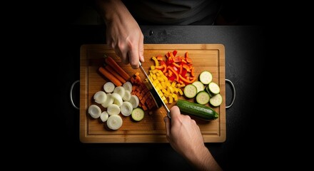 Two people chopping colorful vegetables on a wooden cutting board