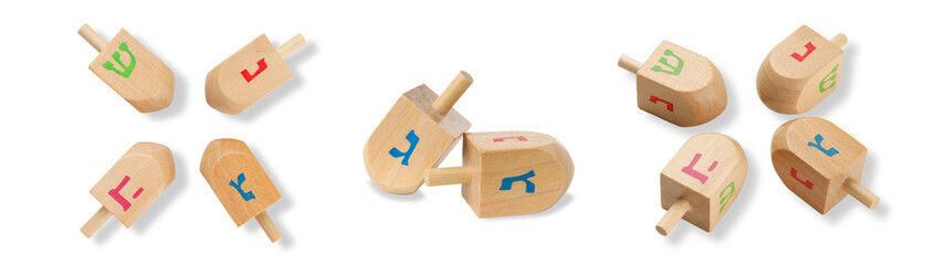 Naklejka premium Colorful dreidels spinning on white background, isolated, PNG