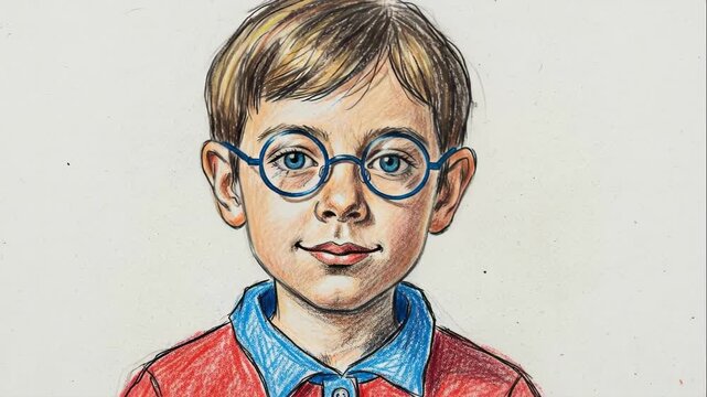 Stop motion animation of a hand-drawn colored pencil portrait of a boy. The illustrated character with glasses changes facial expressions and smiles. Creative art and drawing concept