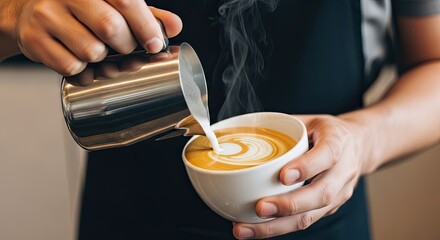 Barista making latte art with steamed milk in a white cup