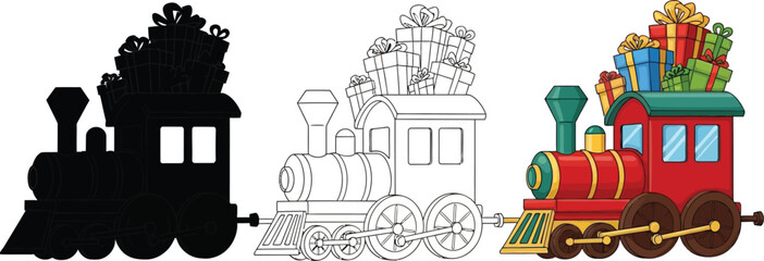 Christmas train with gifts in silhouette, outline and color for coloring book or page, vector illustration
