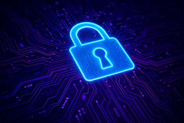 Cybersecurity Visualization – Glowing Padlock Icon on Circuit Background Representing Data Protection and Digital Infrastructure