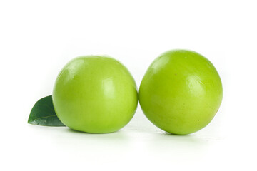 Fresh Green Apples with Leaf on White Background
