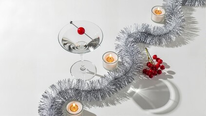 Top view of a martini cocktail with festive holiday decorations. Christmas and New Year's Eve party concept with silver tinsel, red berries, and candles. Elegant flat lay on a white background