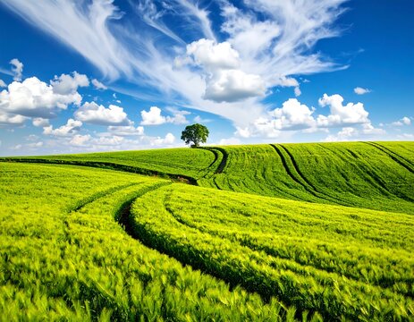 Rolling green hills under a bright blue sky, lonely tree atop one