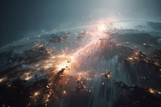Abstract digital visualization of global network connections and data transfer across illuminated world map representing technology communication and futuristic innovation concept
