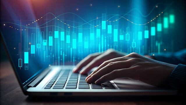 Financial Trading Visualization – Laptop with Candlestick Chart and Data Graphs Representing Investment Analysis and Market Trends