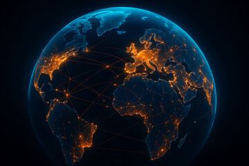 Global Connectivity Visualization – Illuminated Earth with Data Lines Representing Digital Infrastructure and Communication Networks