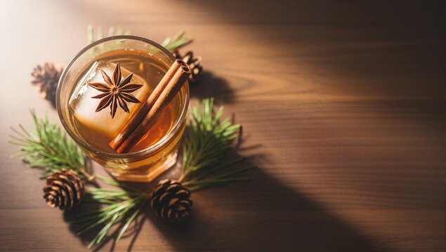 Top view of a holiday drink with star anise and cinnamon. Festive winter cocktail on a rustic wooden table with copy space