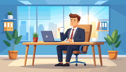 Fototapeta premium Office stress and burnout An illustration of a businessman's morning at his desk, overwhelmed by work and coffee