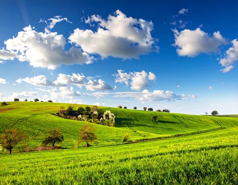 Rolling green hills under a bright blue sky with fluffy white clouds