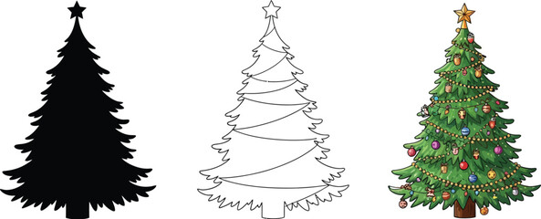 Illustration of christmas tree in three styles silhouette, line art, and full color for holiday designs