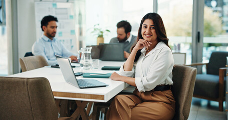 Happy, boardroom and portrait of business woman for finance career, confidence and about us. Corporate office, team and worker with smile, pride and laptop for investment, financial report or review