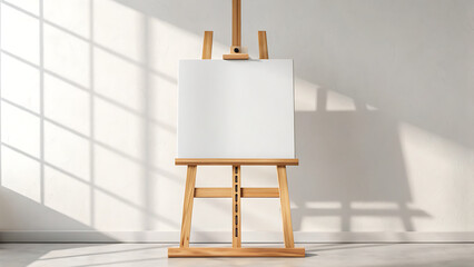 Minimalist Art Studio Scene – Blank Canvas on Wooden Easel with Sunlight and Shadow Patterns