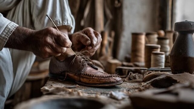 Artisan's Craft: An artisan meticulously stitches a leather shoe in a rustic workshop, a scene evoking a sense of time-honored craftsmanship and dedication.