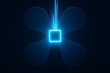 Futuristic Energy Symbol – Glowing Blue Square with Petal Shapes and Light Beams on Dark Tech Background