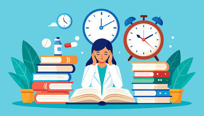 Student burnout and stress illustration of a tired student overwhelmed by books and clocks, symbolizing academic pressure and mental health challenges