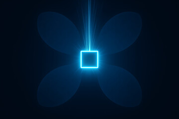 Futuristic Energy Symbol – Glowing Blue Square with Petal Shapes and Light Beams on Dark Tech Background