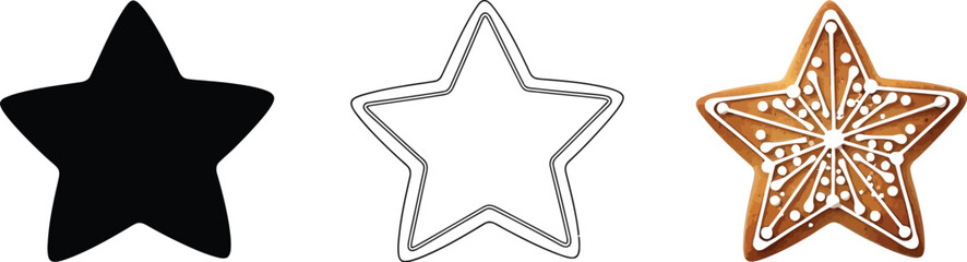 Three star variations a solid black star, an outlined star, and a gingerbread star