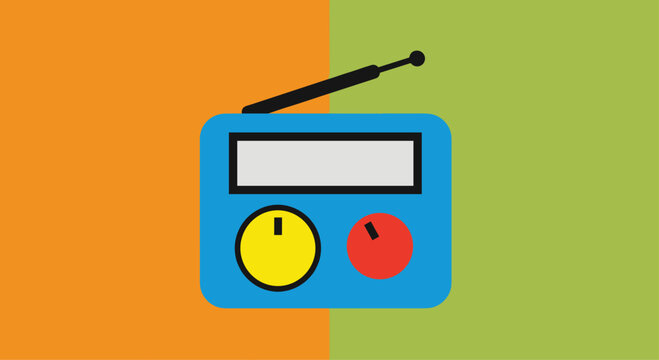 Retro blue radio with antenna and colorful dials on a split orange and green background, perfect for vintage or music themes