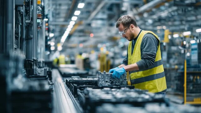 Precision in the Factory: A focused worker, clad in safety attire, meticulously examines parts amidst the structured symphony of an industrial environment.