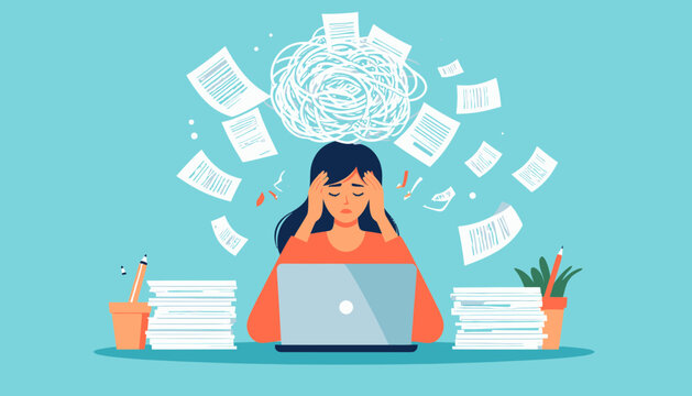 An illustration depicting a person experiencing severe work burnout and stress, overwhelmed by a chaotic pile of documents and a tangled mind - Powered by Adobe