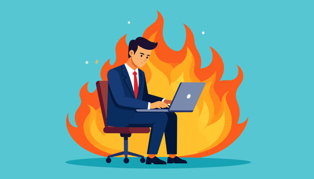 The concept of corporate burnout and chronic stress is visualized with a professional man on fire, symbolizing the intense pressure of modern work life