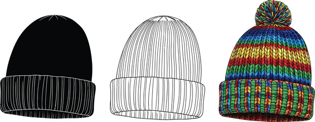 Three beanie hats in black, outline, and rainbow colors winter headwear with a brim and a pompom colorful one