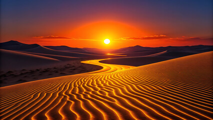 Golden Desert Sunset – Rippling Sand Dunes with Warm Light and Dramatic Shadows