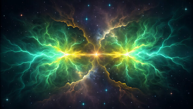 Cosmic Energy Collision – Symmetrical Green Nebulae with Lightning Bursts in Deep Space