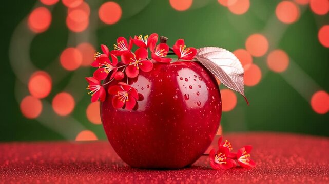 A shiny red apple decorated with small red flowers and a silver leaf