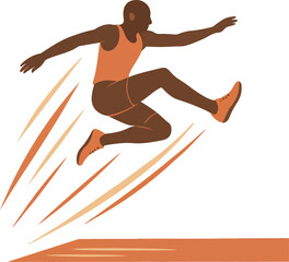 Male athlete in mid jump over orange track lines jumping