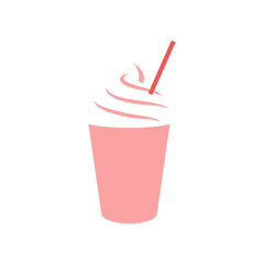 Strawberry milkshake sits on white surface with straw, inviting a sweet, refreshing treat on a bright, minimalist backdrop, perfect for summer vibes.