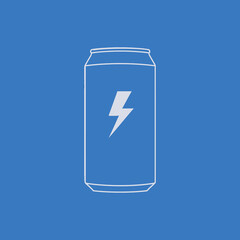 Fototapeta premium Energy drink can with lightning bolt symbol stands on blue surface, representing refreshment and quick energy boost, simple and clean look.