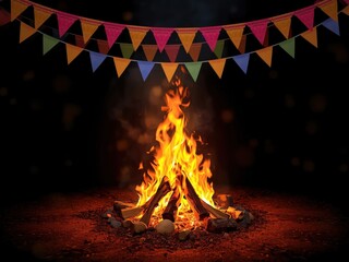 Vibrant bonfire with colorful party flags at night