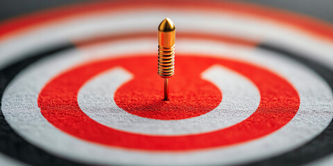 Sharp golden dart hits bullseye of red target, powerful concept of business success, focus, goal achievement and marketing