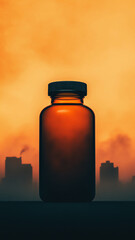 Mysterious amber glass bottle on cityscape silhouette background with an orange sky, suggesting pollution, health and somber future
