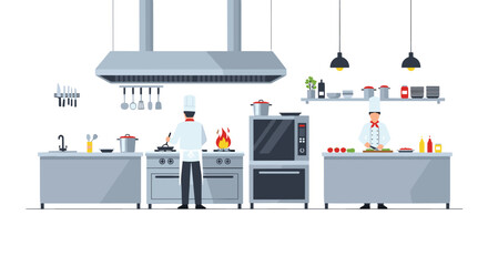 Professional chefs expertly preparing gourmet meals in a bustling, modern restaurant kitchen environment